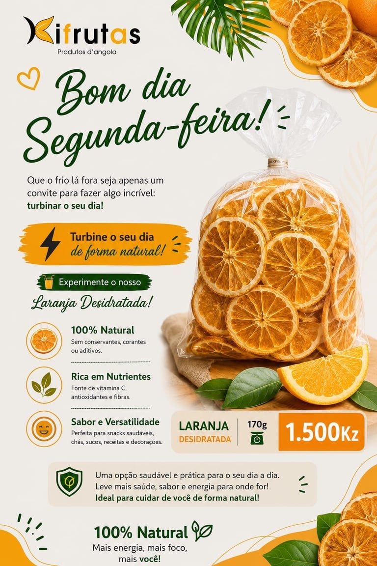 Kirutas dehydrated orange product advertisement with sliced oranges, green leaves, and product details in Portuguese