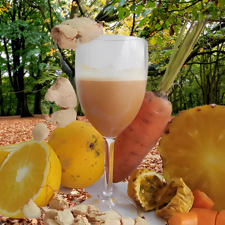 Glass of layered brown and white beverage surrounded by fresh citrus fruits and carrots in outdoor garden setting