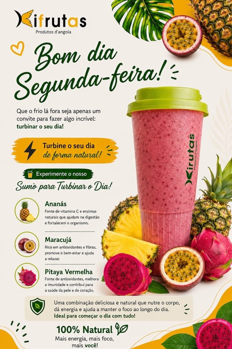 Kirutas tropical smoothie drink advertisement with pineapple, passion fruit, and dragon fruit promoting a natural energy beverage