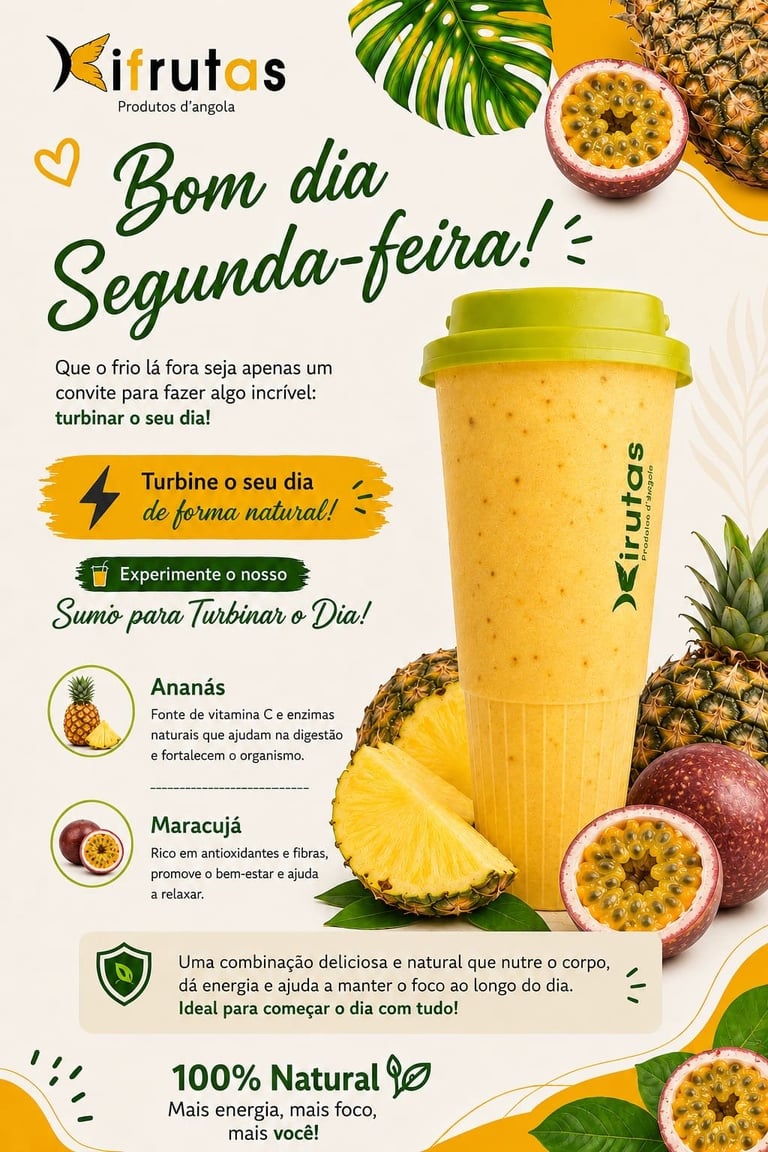 Kirutas brand natural smoothie promotional poster with pineapple and passion fruit drink in a yellow cup surrounded by fresh fruits